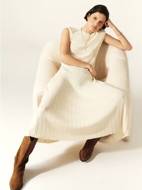 ba&sh Cream Sleeveless Ribbed-to-Pleated Maxi Dress